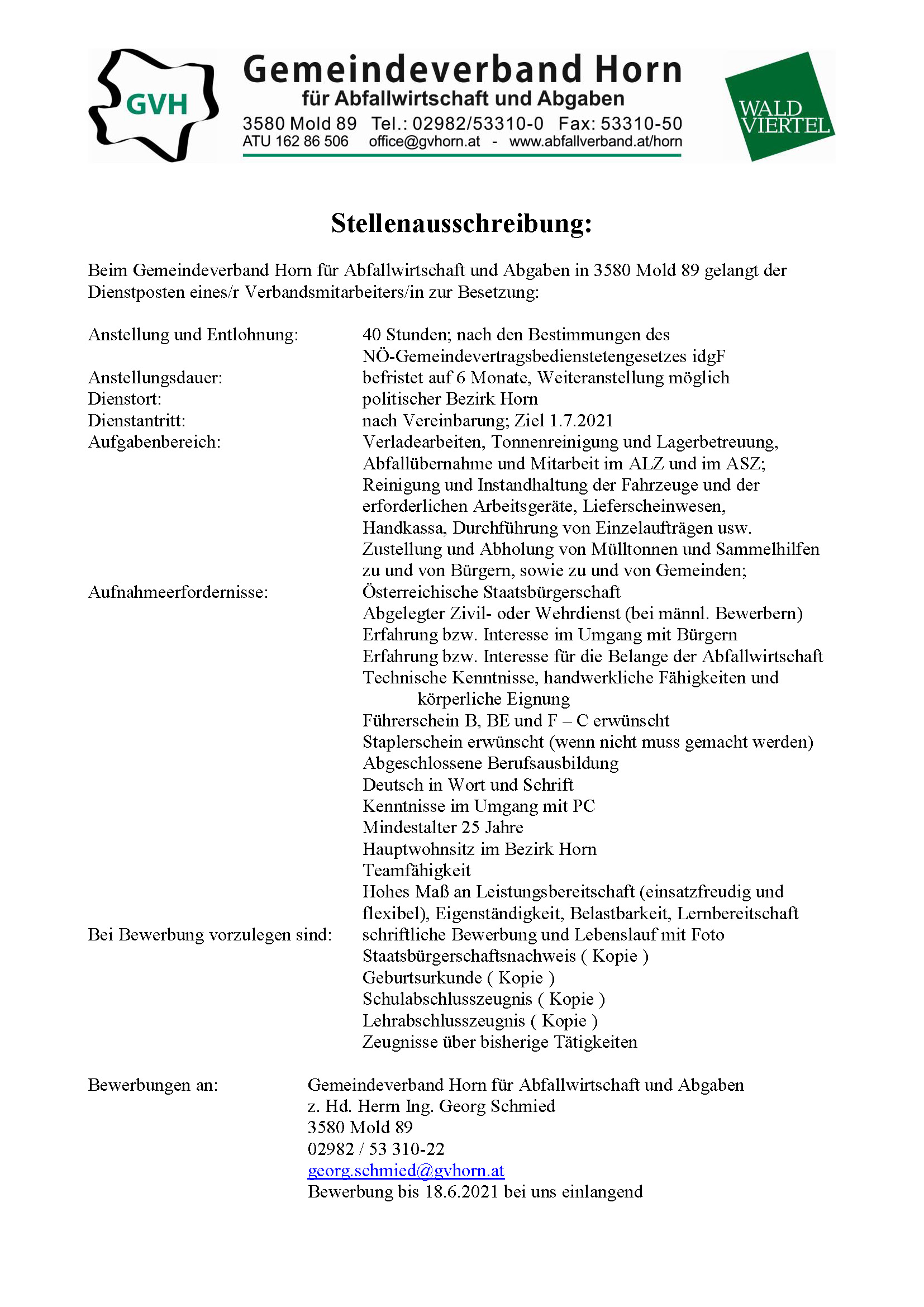 2021 05 28 Stellenausschreibung GVH